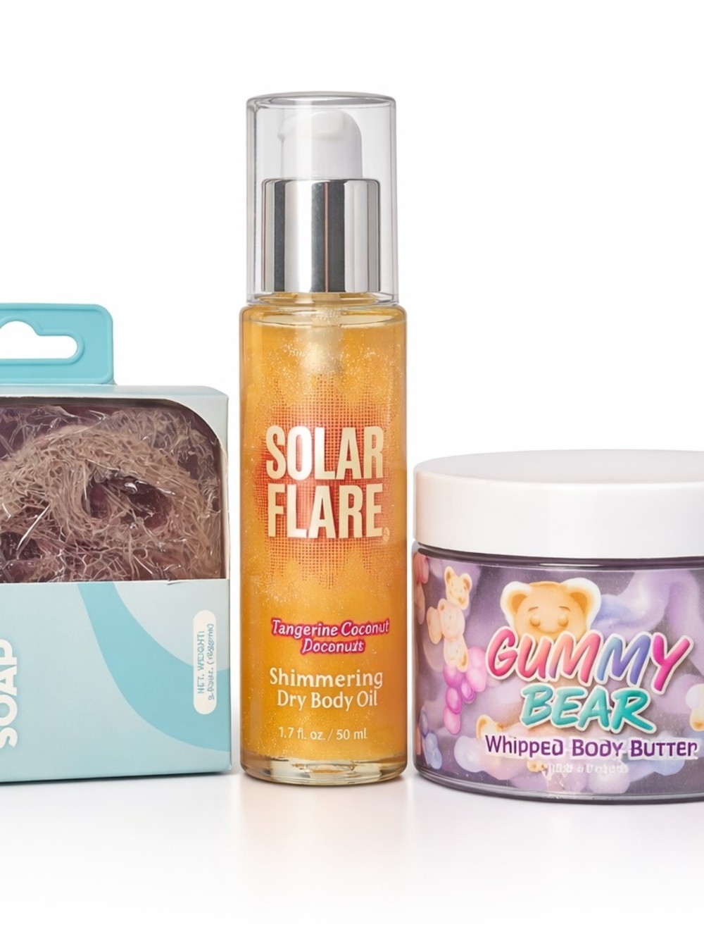 3Pc Beauty Bundle Solar Flair Shimmer Body Oil, Loofah Soap, Whipped Body Butter